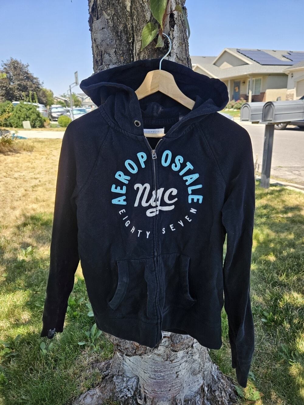 Aeropostale NYC Eighty Seven Zip Up Hoodie Black Teal Y2K Grunge Cyber Indie